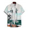 Beach Palm Tree Scenic Print Flutter Sleeve V Neck Midi Dress And Short Sleeve Shirt Vacation Outfit - Vert profond S