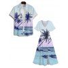 Palm Tree Beach Scenic Print Flutter Sleeve Dress And Short Sleeve Button Up Vacation Shirt Outfit - Bleu clair S