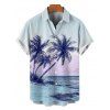 Palm Tree Beach Scenic Print Flutter Sleeve Dress And Short Sleeve Button Up Vacation Shirt Outfit - Bleu clair S