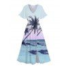 Palm Tree Beach Scenic Print Flutter Sleeve Dress And Short Sleeve Button Up Vacation Shirt Outfit - Bleu clair S