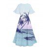 Palm Tree Beach Scenic Print Flutter Sleeve Dress And Short Sleeve Button Up Vacation Shirt Outfit - Bleu clair S