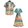 Palm Tree Beach Sunset Scenic Print Flutter Sleeve V Neck Midi Dress And Short Sleeve Shirt Vacation Outfit - Vert clair S