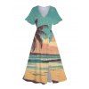 Palm Tree Beach Sunset Scenic Print Flutter Sleeve V Neck Midi Dress And Short Sleeve Shirt Vacation Outfit - Vert clair S