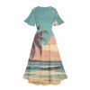 Palm Tree Beach Sunset Scenic Print Flutter Sleeve V Neck Midi Dress And Short Sleeve Shirt Vacation Outfit - Vert clair S