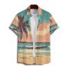 Palm Tree Beach Sunset Scenic Print Flutter Sleeve V Neck Midi Dress And Short Sleeve Shirt Vacation Outfit - Vert clair S