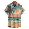 Palm Tree Beach Sunset Scenic Print Flutter Sleeve V Neck Midi Dress And Short Sleeve Shirt Vacation Outfit - Vert clair S