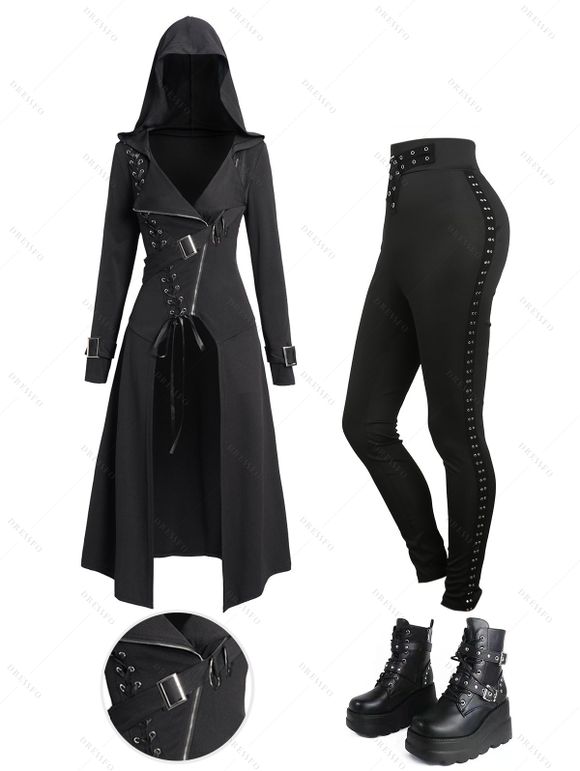 Gothic Punk Hooded Coat and Buckle Grommet Long Pants Chain Decor Chunky Sole Black Martin Zipper Boots Outfit - Noir S | US 4