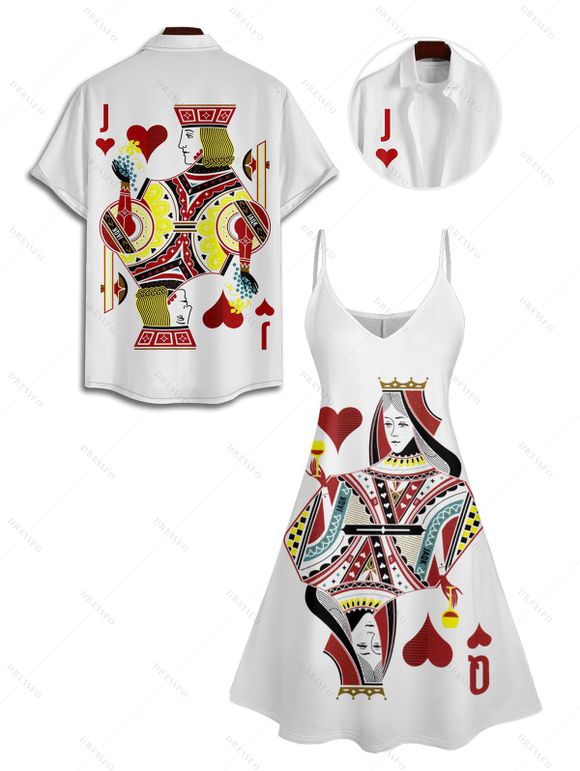 Playing Card Print V Neck High Waist Spaghetti Strap Dress and Roll Up Sleeve Shirt Outfit - Rouge foncé S | US 4