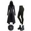 Gothic Punk Hooded Coat and Buckle Grommet Long Pants Chain Decor Chunky Sole Black Martin Zipper Boots Outfit - Noir S | US 4