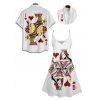 Playing Card Print V Neck High Waist Spaghetti Strap Dress and Roll Up Sleeve Shirt Outfit