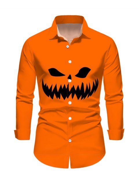 Chemise Décontractée D'Halloween Boutonnée Motif de Citrouille à Manches Longues