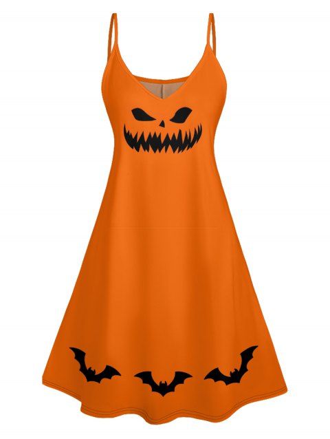 Contrast Pumpkin Bat Print Halloween Dress V Neck Spaghetti Strap A Line Dress