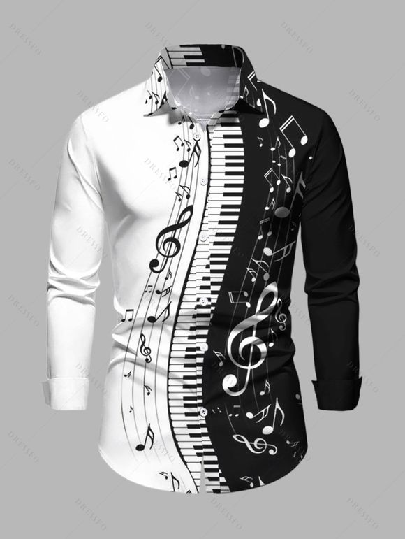 Chemise Boutonnée Note de Musique Imprimée Manches Longues à Col Relevé - Noir 5XL