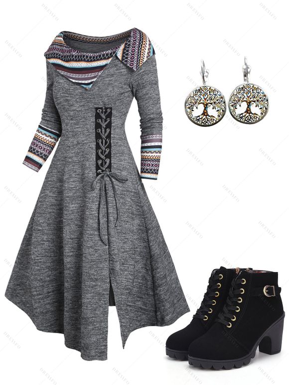 Heathered Tribal Rainbow Stripe Print Lace Up Knit Dress And Zip Up Chunky Heel Boots Drop Earrings Outfit - Gris S | US 4