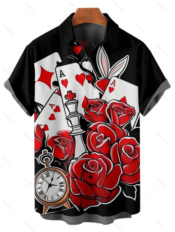 Chemise Gothique Rose et Carte Imprimées à Manches Courtes - Noir 5XL