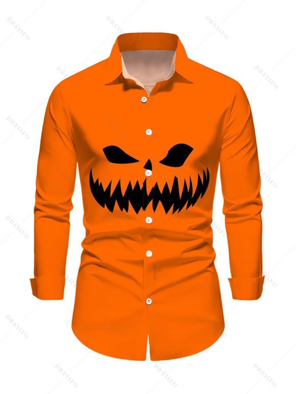 Chemise Décontractée D'Halloween Boutonnée Motif de Citrouille à Manches Longues - Orange S