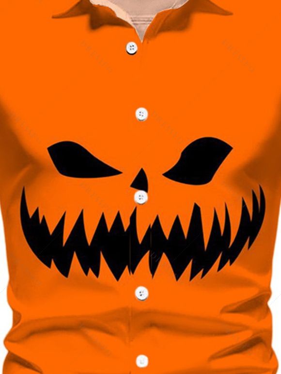 Chemise Décontractée D'Halloween Boutonnée Motif de Citrouille à Manches Longues - Orange 5XL