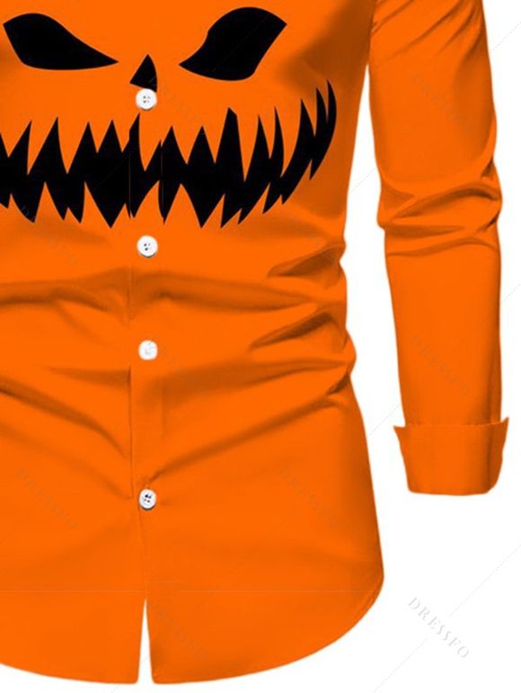 Chemise Décontractée D'Halloween Boutonnée Motif de Citrouille à Manches Longues - Orange 5XL