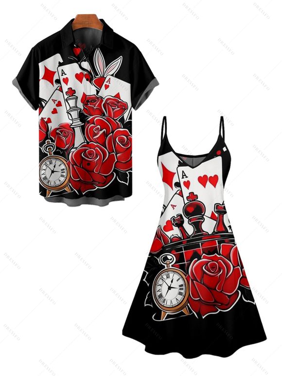 Playing Card Rose Clock Print Gothic Spaghetti Strap V Neck A Line Dress And Short Sleeve Shirt Outfit - Noir S | US 4