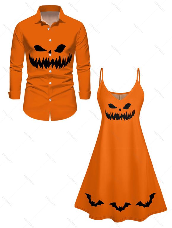 Halloween Outfit Pumpkin Bat Print V Neck Spaghetti Strap Dress And Long Sleeve Outfit - Orange S | US 4