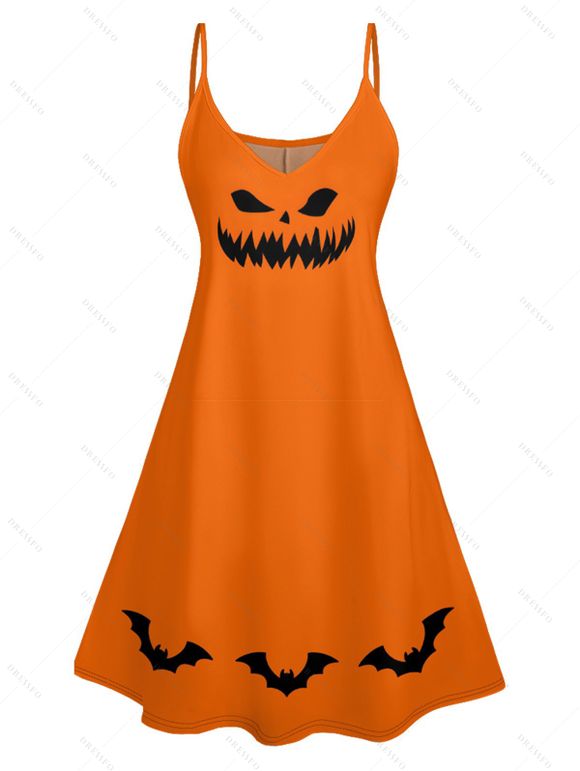 Robe D'Halloween Ligne A Citrouille Chauve-souris Imprimés Contrastée à Bretelle Fine - Orange M | US 6