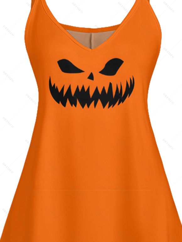 Robe D'Halloween Ligne A Citrouille Chauve-souris Imprimés Contrastée à Bretelle Fine - Orange XL | US 12