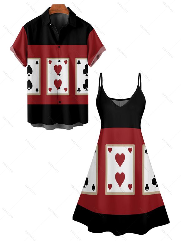 Playing Card Print V Neck Spaghetti Strap Dress And Short Sleeve Shirt Casual Outfit - Noir S | US 4