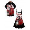 Playing Card Rose Clock Print Gothic Spaghetti Strap V Neck A Line Dress And Short Sleeve Shirt Outfit - Noir S | US 4