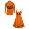 Halloween Outfit Pumpkin Bat Print V Neck Spaghetti Strap Dress And Long Sleeve Outfit - Orange S | US 4