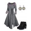 Heathered Tribal Rainbow Stripe Print Lace Up Knit Dress And Zip Up Chunky Heel Boots Drop Earrings Outfit - Gris S | US 4