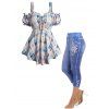 Plaid Print Cold Shoulder Ruffles Cinched Puff Sleeve T-shirt And Flower Print Faux Denim Elastic Waist Capri Jeggings Outfit - Bleu clair S | US 4