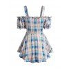 Plaid Print Cold Shoulder Ruffles Cinched Puff Sleeve T-shirt And Flower Print Faux Denim Elastic Waist Capri Jeggings Outfit - Bleu clair S | US 4