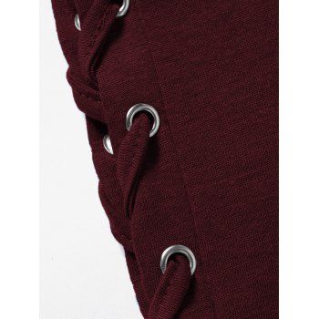 Solid V O Ring Neck Lace Up Long Sleeve Fit Top 