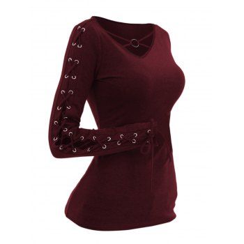 Solid V O Ring Neck Lace Up Long Sleeve Fit Top 