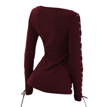 Solid V O Ring Neck Lace Up Long Sleeve Fit Top 