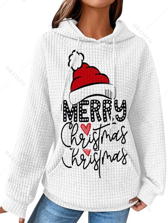 Sweat à Capuche Joyeux Noël Texturé Motif avec Poche Kangourou à Cordon - Blanc XXL | US 14