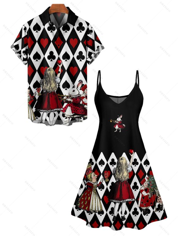 Playing Card Character Print V Neck Spaghetti Strap A Line Dress And Short Sleeve Shirt Outfit - Noir S | US 4