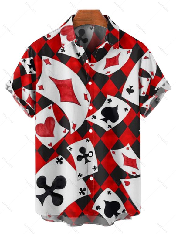 Chemise Boutonnée à Carreaux Imprimé Manches Courtes à Col Relevé - Rouge 4XL