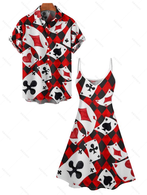 Checkerboard Playing Card Allover Print V Neck A Line Dress And Short Sleeve Button Up Shirt Outfit - Rouge S | US 4