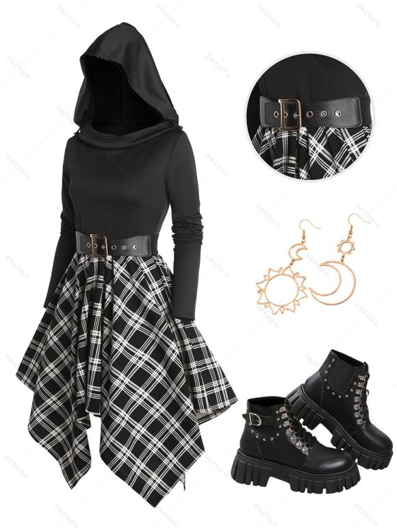 Plaid Panel Belted Cowl Neck Asymmetric Hooded Dress And Platform Sole Martin Boots Hollow Out Drop Earrings Outfit - Noir S | US 4