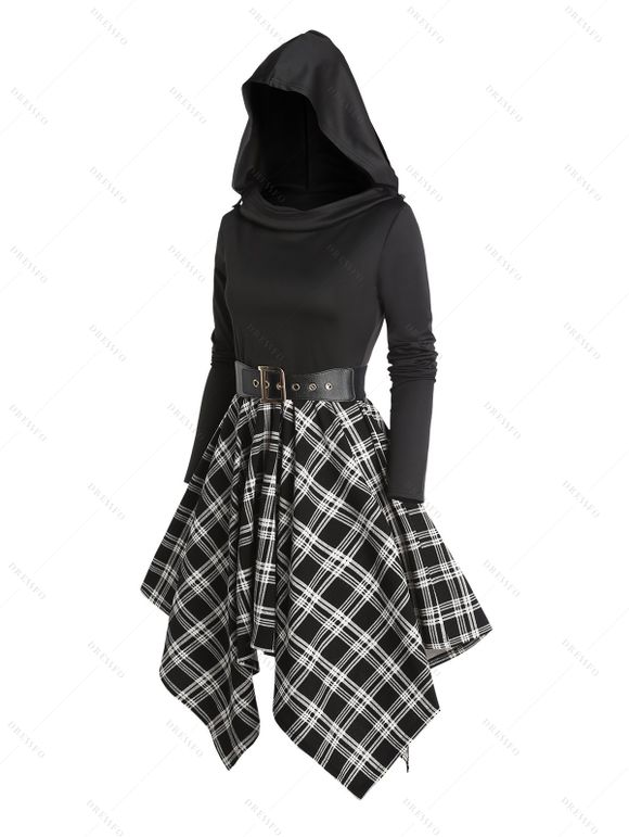 Plaid Panel Belted Cowl Neck Asymmetric Hooded Dress And Platform Sole Martin Boots Hollow Out Drop Earrings Outfit - Noir S | US 4
