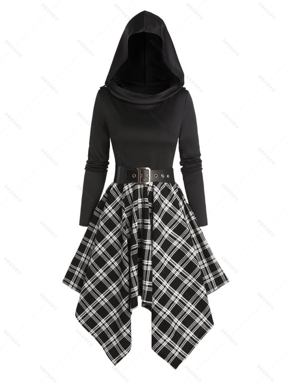 Plaid Panel Belted Cowl Neck Asymmetric Hooded Dress And Platform Sole Martin Boots Hollow Out Drop Earrings Outfit - Noir S | US 4
