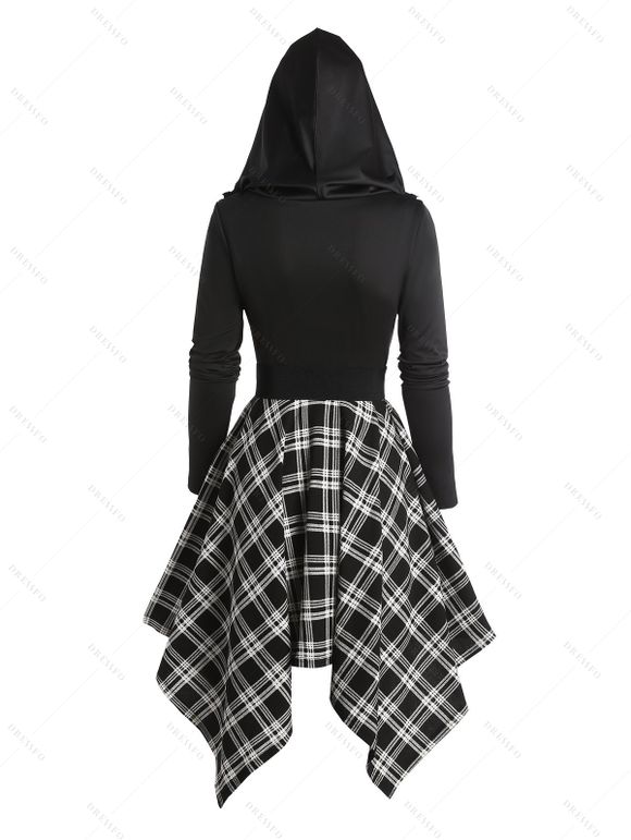 Plaid Panel Belted Cowl Neck Asymmetric Hooded Dress And Platform Sole Martin Boots Hollow Out Drop Earrings Outfit - Noir S | US 4