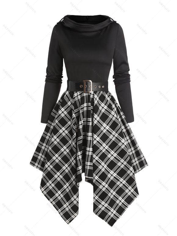 Plaid Panel Belted Cowl Neck Asymmetric Hooded Dress And Platform Sole Martin Boots Hollow Out Drop Earrings Outfit - Noir S | US 4