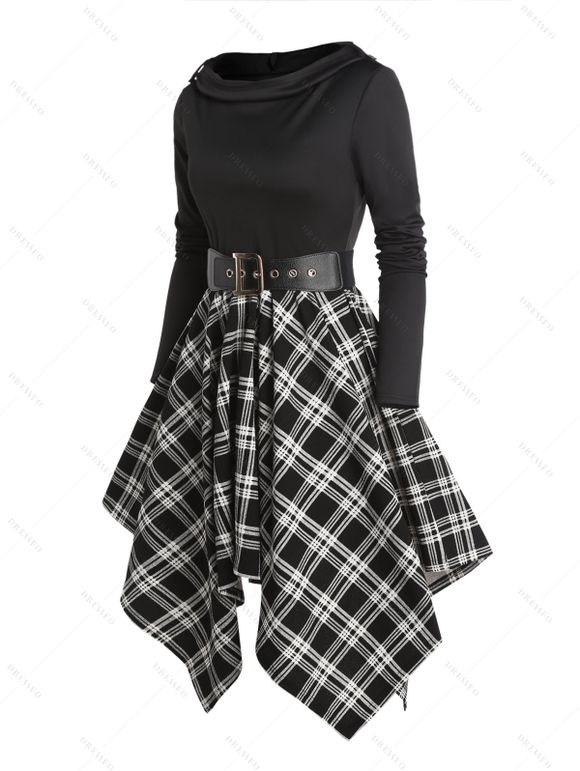 Plaid Panel Belted Cowl Neck Asymmetric Hooded Dress And Platform Sole Martin Boots Hollow Out Drop Earrings Outfit - Noir S | US 4
