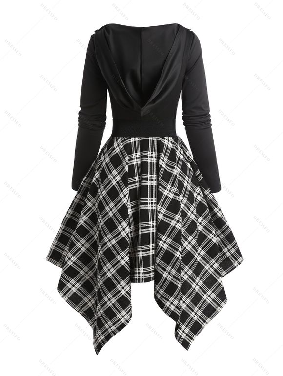 Plaid Panel Belted Cowl Neck Asymmetric Hooded Dress And Platform Sole Martin Boots Hollow Out Drop Earrings Outfit - Noir S | US 4