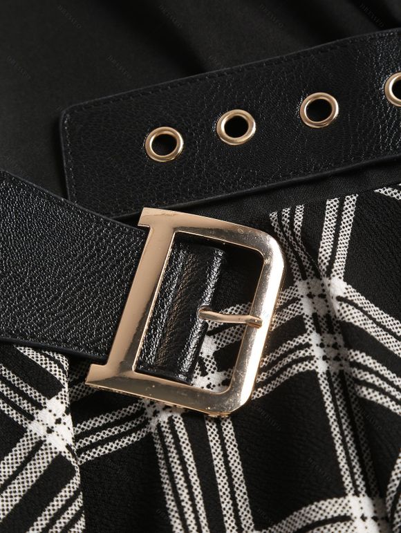 Plaid Panel Belted Cowl Neck Asymmetric Hooded Dress And Platform Sole Martin Boots Hollow Out Drop Earrings Outfit - Noir S | US 4