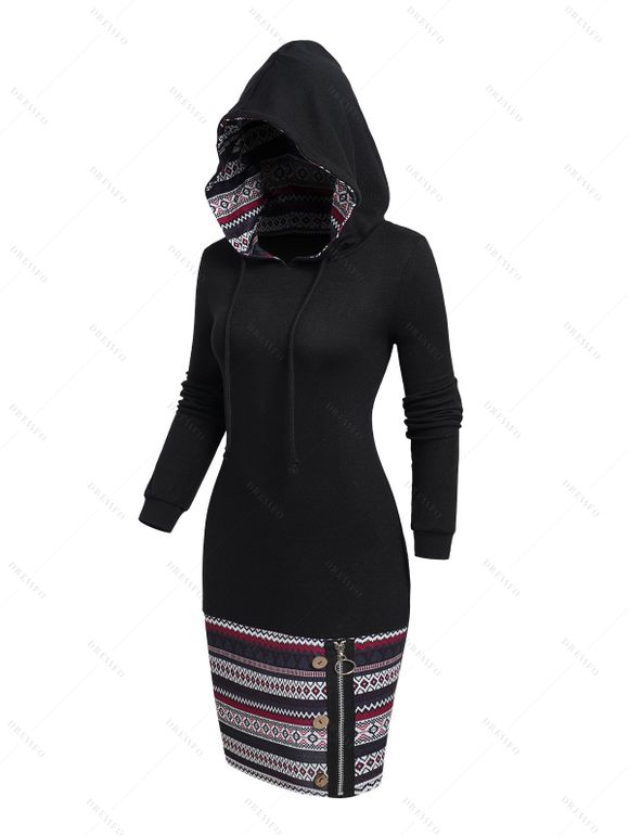 Robe Courte Imprimé Jointif Tribal à Capuche à Manches Longues - Noir XXL | US 14