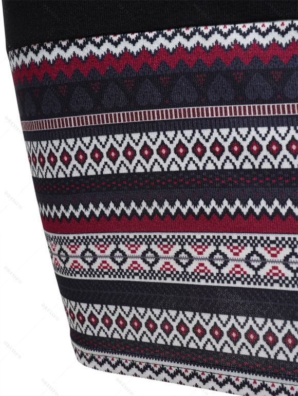 Robe Courte Imprimé Jointif Tribal à Capuche à Manches Longues - Noir XL | US 12