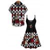 Playing Card Character Print V Neck Spaghetti Strap A Line Dress And Short Sleeve Shirt Outfit - Noir S | US 4